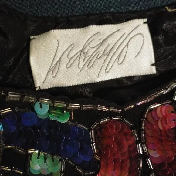 Lord & Taylor Vintage Sequin Top Blue, Red, Green, Silver, on Black silk, M - Picture 7 of 7